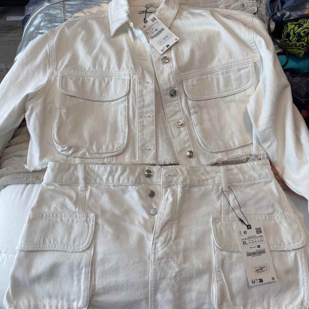 Zara White Denim Jacket & Skirt Set